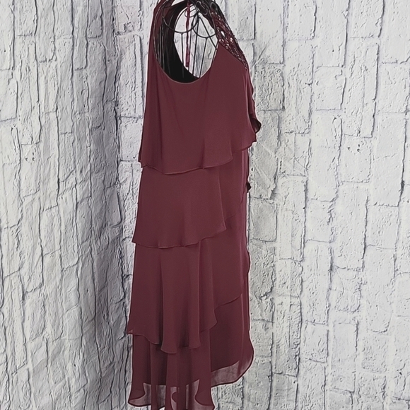 S.L. FASHIONS Wine Sequined and Beaded Ruffled Cut Out Dressy Dress Size 8 - Picture 5 of 9